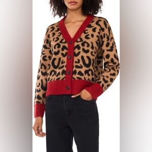 1. State Colorblock Trim Leopard Spot Cardigan small wool blend haute red